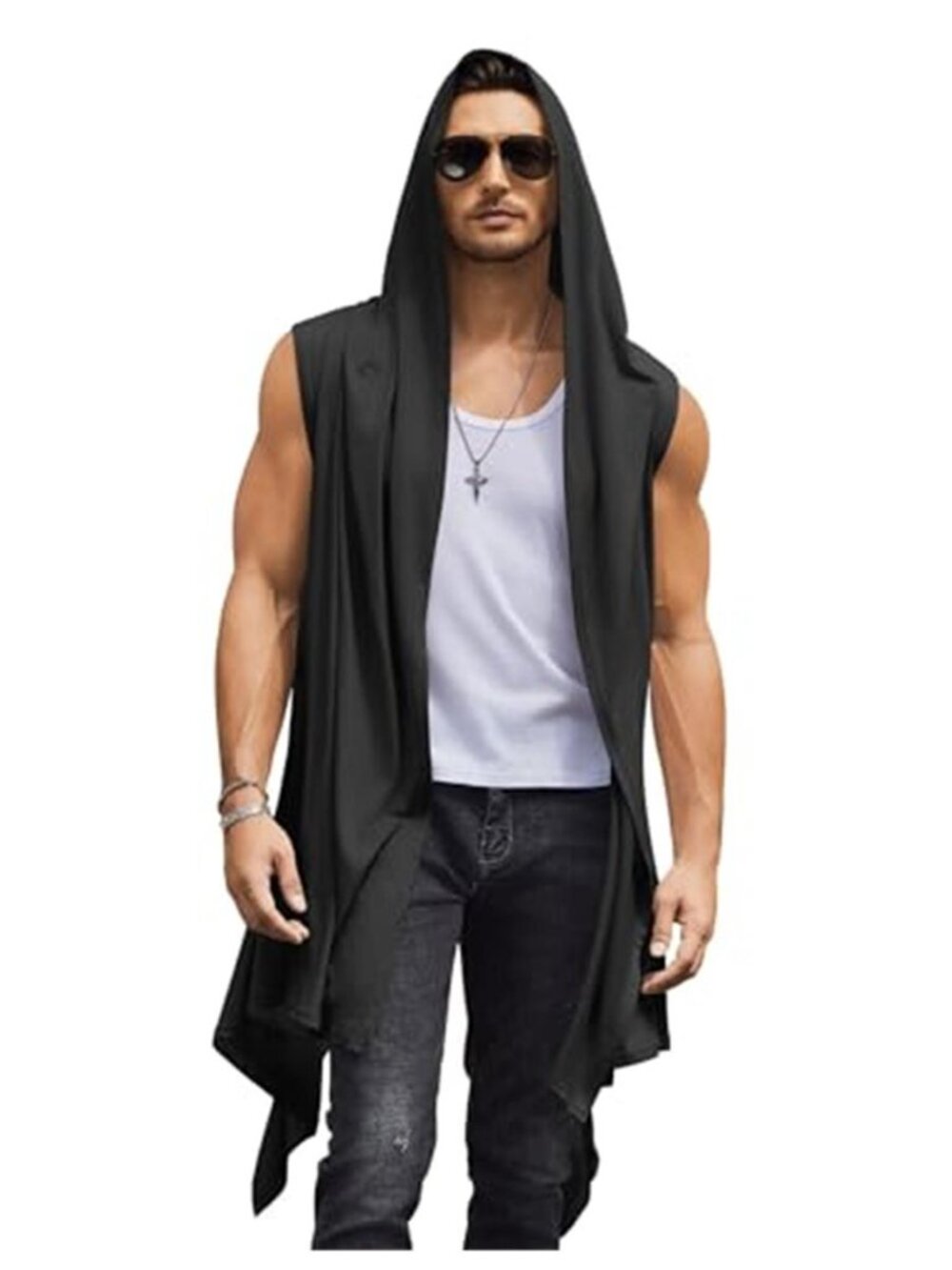Mens Hooded Cardigan Sleeveless Long Open Front Draped Cape Streetwear Costume